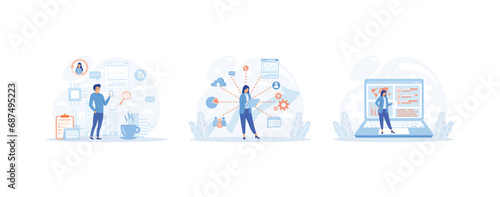 Business intelligence concept, intelligence dashboard, innovative solution for data analysis. Business Intelligence set flat vector modern illustration