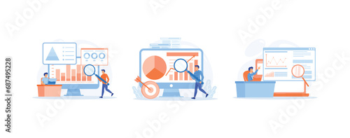 Data analysis, worker checking data analyst on a big screen using magnifying glass, reliable decision making. Data analyst set flat vector modern illustration