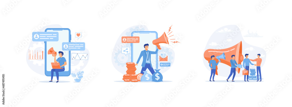 Fototapeta premium Refer a friend, People share info about referral and earn money, Refer a friend and get rewarded. Job referral set flat vector modern illustration 