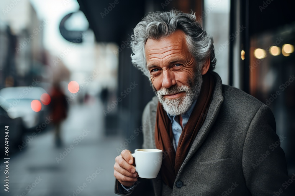 Man Enjoying Coffee on Urban City Street Man Enjoying Coffee on Urban City Street