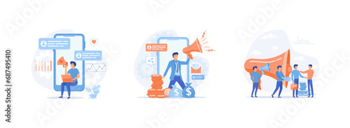 Refer a friend,  People share info about referral and earn money,  Refer a friend and get rewarded. Job referral set flat vector modern illustration    