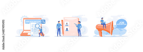 Job description, Recruitment Headhunting, document that describes the responsibilities of a position. Job description set flat vector modern illustration