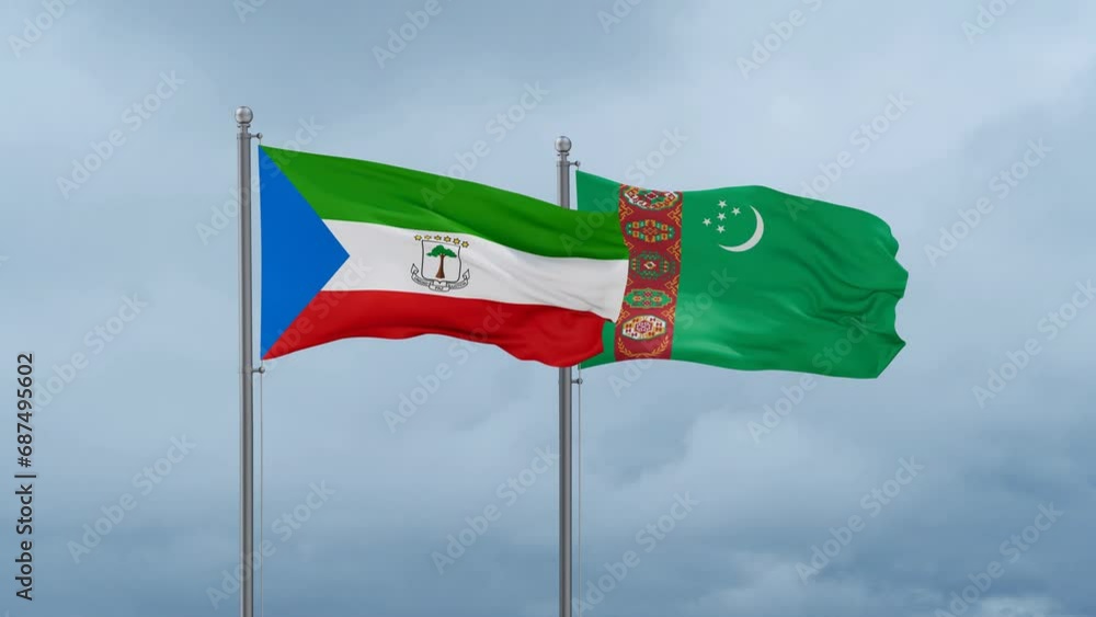 Turkmenistan and Equatorial Guinea flag waving together on cloudy sky, endless seamless loop, two country cooperation concept Turkmenistan and Equatorial Guinea flag waving together on cloudy sky, endless seamless loop, two country cooperation concept