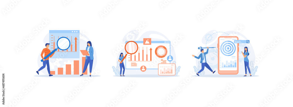 Seo targeting and performance concept, Characters discussing marketing and seo strategy. Business marketing set flat vector modern illustration 