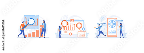 Seo targeting and performance concept, Characters discussing marketing and seo strategy. Business marketing set flat vector modern illustration 