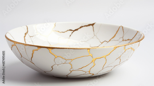 Antique japanese kintsugi bowl against white background, cracked bowl repaired with gold showcasing the imperfection photo