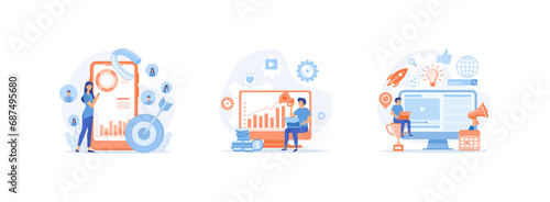 Refer a friend concept, Social media marketing, People share info about referral and earn money. Job referral set flat vector modern illustration  photo