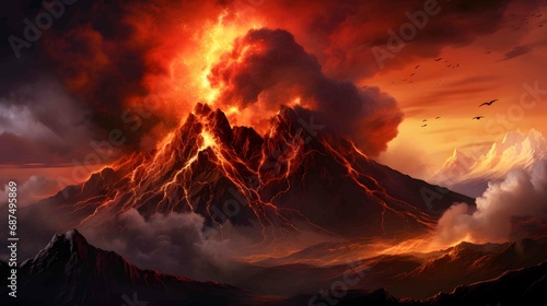 depiction of powerful volcanic eruption
