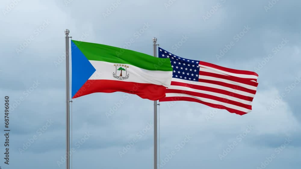 USA and Equatorial Guinea flag waving together on cloudy sky, endless seamless loop, two country cooperation concept USA and Equatorial Guinea flag waving together on cloudy sky, endless seamless loop, two country cooperation concept