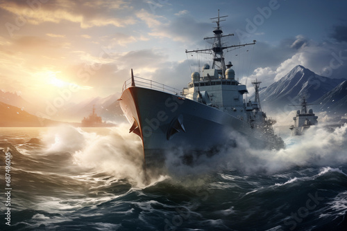 ship at sunset destroyer is sailing fast snowy mountains in the background photo