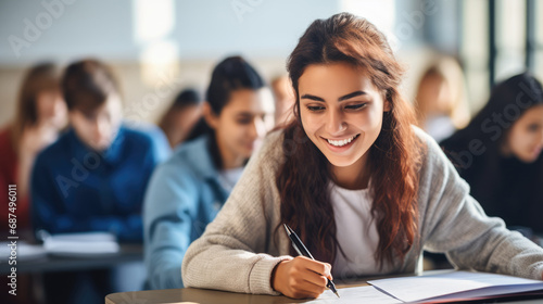 young woman in a university high school with blurred group of students studying in the classroom, education and learning concept, Generative AI photo