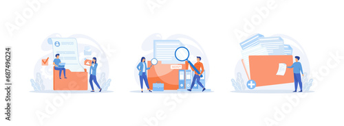 Workers searching file,  Storage and indexing of information,  data management and protection. Storage set flat vector modern illustration 