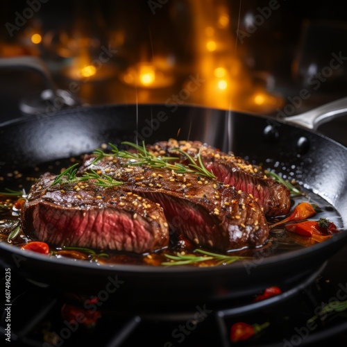 Juicy, herb-crusted rump steak cooking on a hot grill, exuding rich aromas. photo