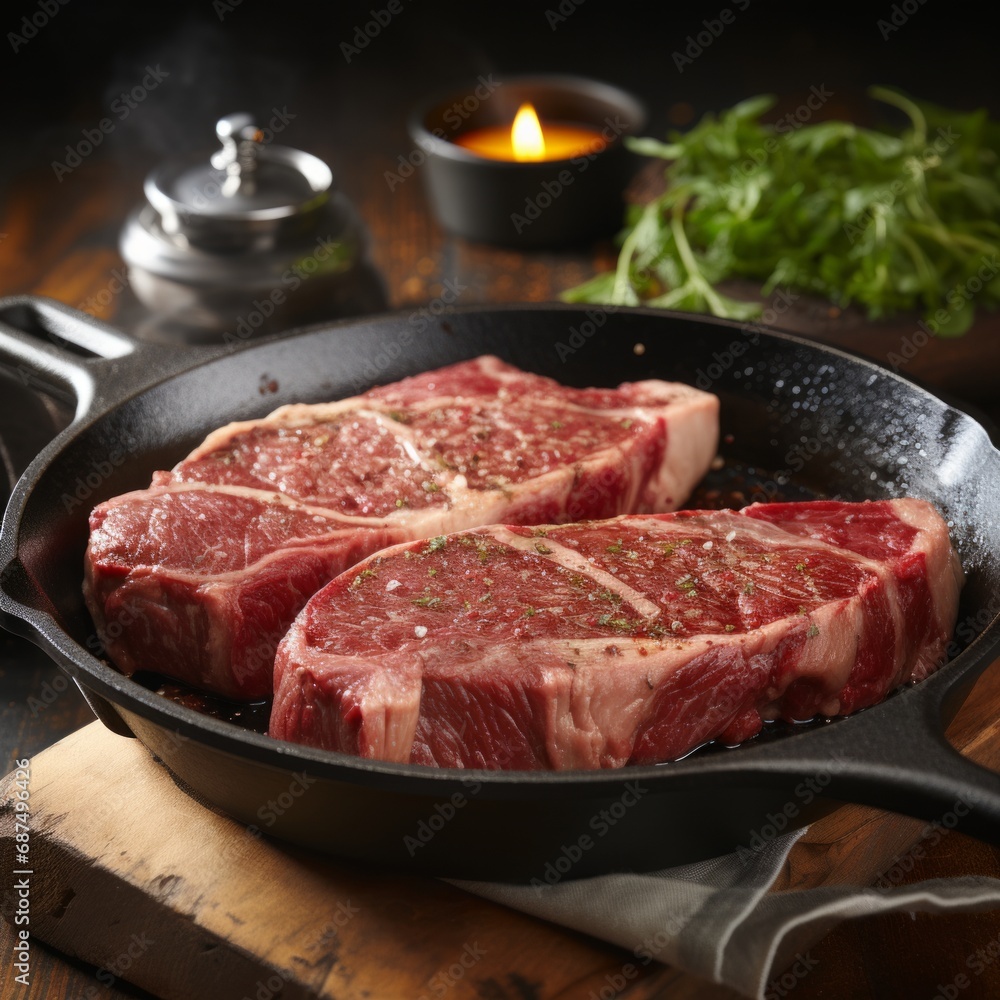 A richly seasoned T-bone steak sizzling in a skillet, perfect for a sumptuous meal.