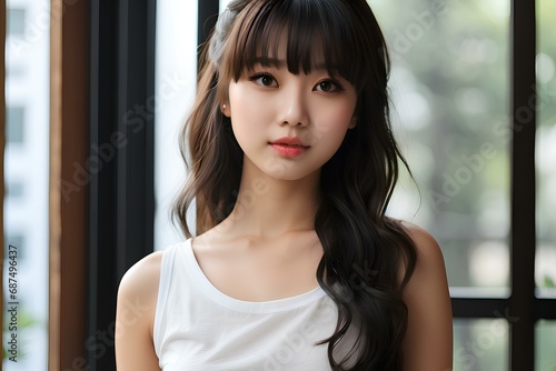A japanese woman with long hair and bangs, smooth healthy skin and hair, for advertisment, skin care, make up etc