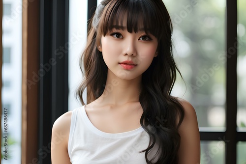 A japanese woman with long hair and bangs, smooth healthy skin and hair, for advertisment, skin care, make up etc © Roselita