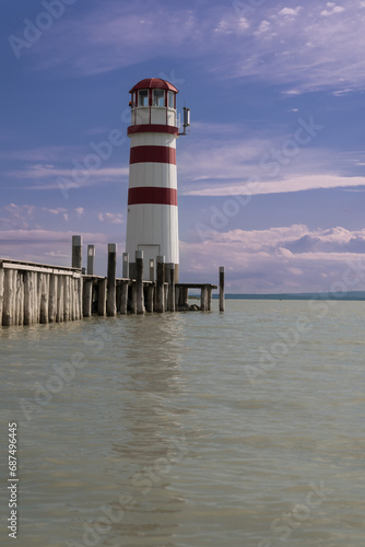 Lighthouse view at dramatic sunset, Neusiedler See, Lake Neusiedl in Burgenland