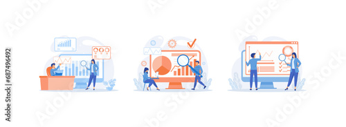 statistical and Data analysis, business finance investment, monitoring on web report dashboard monitor. Data analysis set flat vector modern illustration 