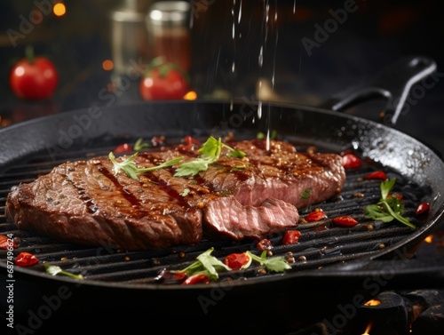Juicy, herb-crusted rump steak cooking on a hot grill, exuding rich aromas.