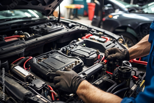 Skilled Mechanic's Hands Navigate Auto Repair, Specializing in Battery Service and In-Depth Electrical Analysis. © eraStocks 