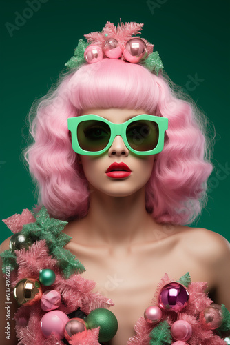 Close up portrait of a young girl with a Christmas decoration and chic sunglasses. Minimal pink and green Xmas composition.