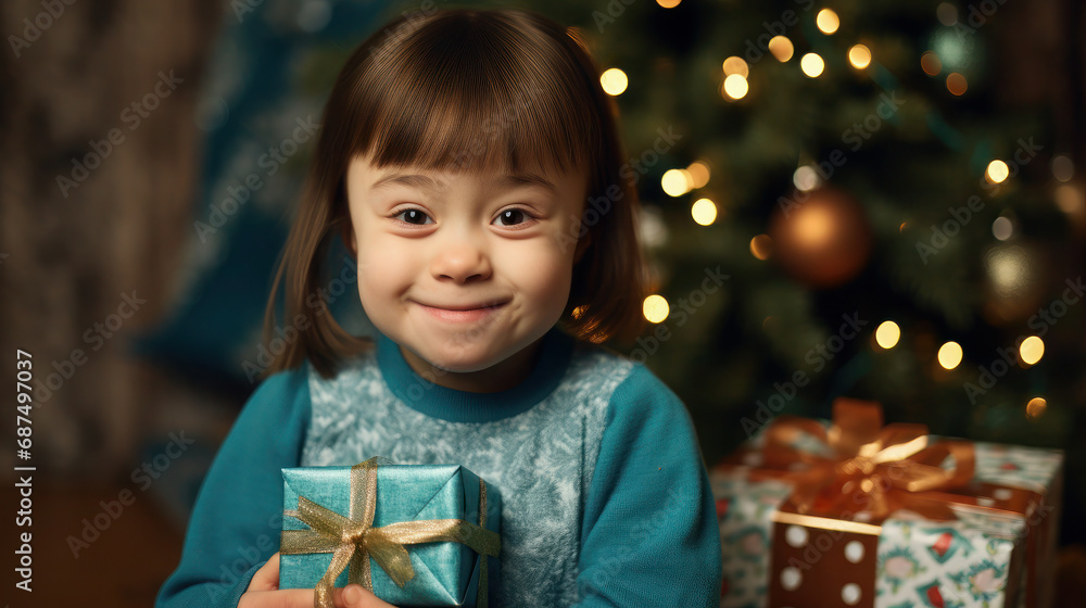 smiling little girl with down syndrome among Christmas decorations and gift boxes. disabled child in a green sweater smiling little girl with down syndrome among Christmas decorations and gift boxes. disabled child in a green sweater