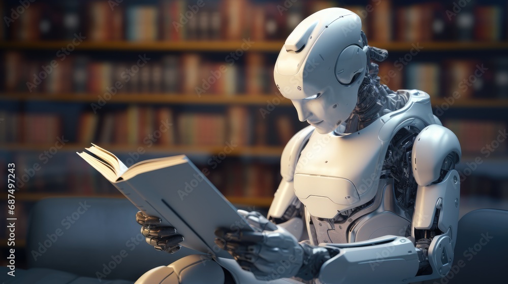 ai robot reading book in library, learning and technology knowledge concept, Generative AI ai robot reading book in library, learning and technology knowledge concept, Generative AI