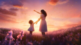 A mother lifts a toddler child in the air above a picturesque sunset sky. A woman and a little girl in a field of lavender flowers. generative ai.