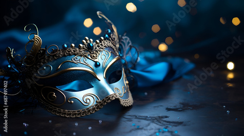 Luxurious venetian mask over a bokeh background of black and blue