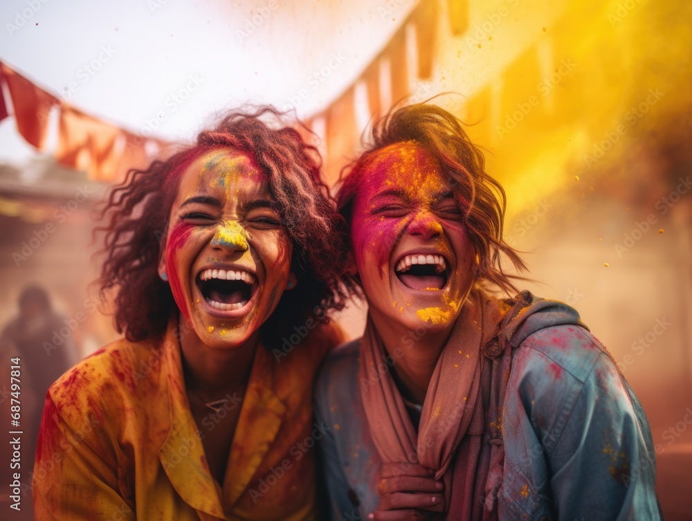 two young beautiful women playing Holi colors, laughing, jumping in joy, very happy, vibrant colors