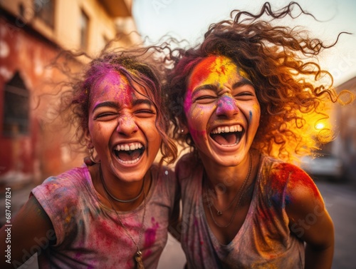 two young beautiful women playing Holi colors, laughing, jumping in joy, very happy, vibrant colors © YamunaART
