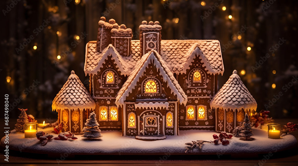 a beautiful and intricate gingerbread house with backlighting and lights from internal LED warm lights that are the same color as candles and fireplaces a beautiful and intricate gingerbread house with backlighting and lights from internal LED warm lights that are the same color as candles and fireplaces