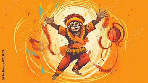 A funny monkey in a carnival costume with feathers dances and rejoices on a yellow background. Holiday concept