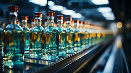 Empty bottles on an assembly line in a manufacturing photo
