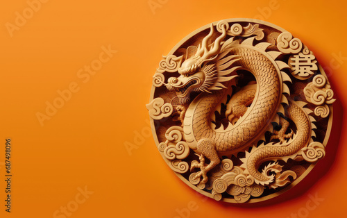 Concept of Chinese New Year 2024 dragon year. Texture, figure of wood dragon animal on an orange background. Copy space for text, advertising, banner, message photo