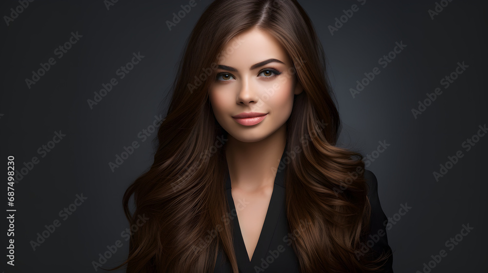 Beautiful young business woman portrait, Smiling cute girl with long hair studio shot, Isolated on gray background. generative ai. Beautiful young business woman portrait, Smiling cute girl with long hair studio shot, Isolated on gray background. generative ai.