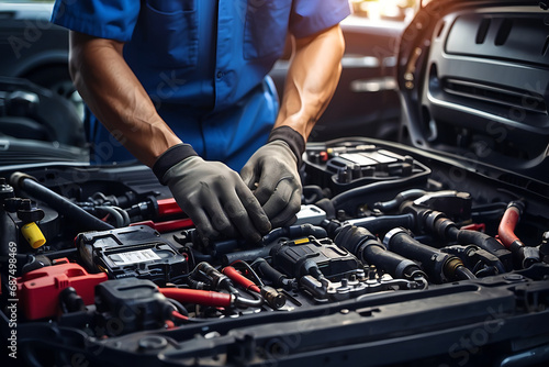 Expert mechanical with gloves repairing car battery and engine photo