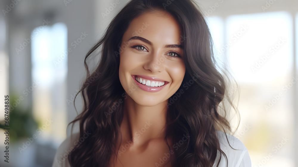 Big bright white smile headshot with a beautiful brunette woman sincere happy cheerful positive expression. generative ai.