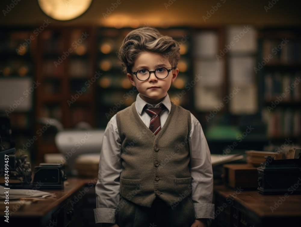 Fototapeta premium cute boy dressed as a Teacher working at his place of work