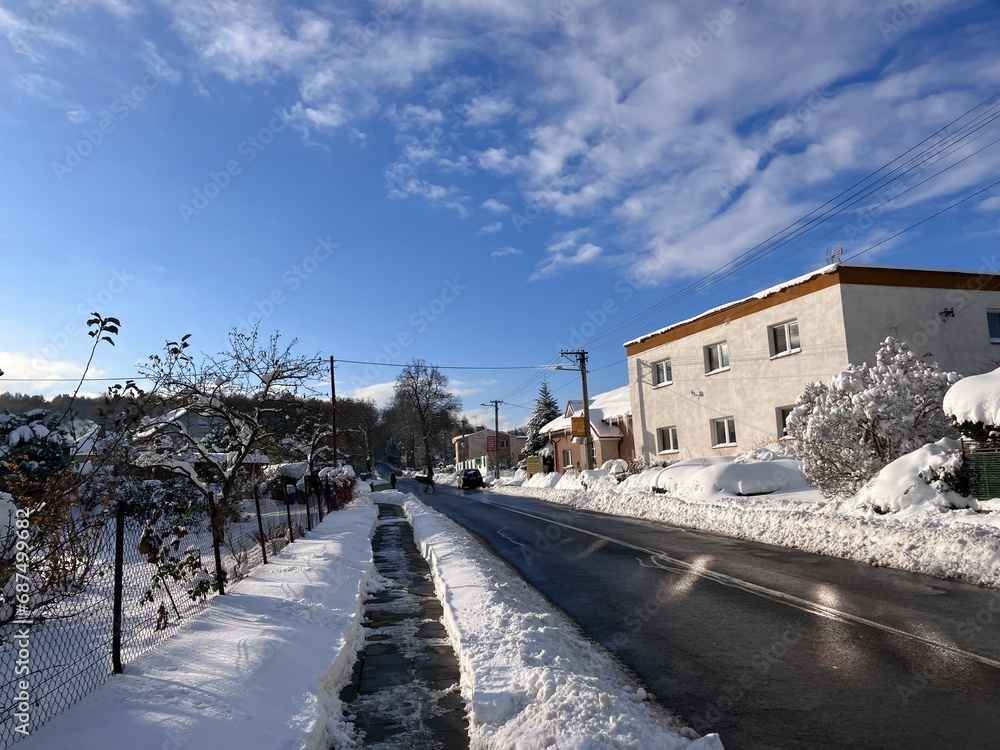 Hnevosice, Opava, Czech 2 December 2023: village under the snow, snow calamity, North Moravia