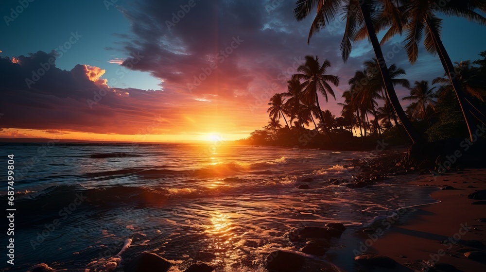 Hawaiian coconut palms silhouetted against a sun