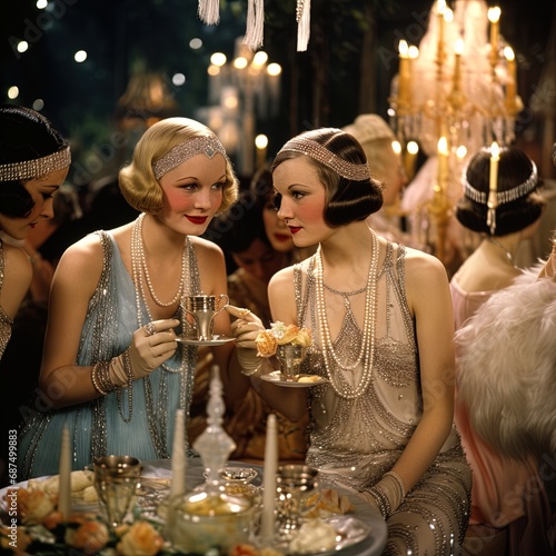 Women at a party in the roaring twenties. Great for stories on the 1920, fashion, vintage, jazz, lifestyle and more.  photo