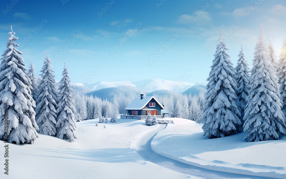 Snowy path to a rustic house in a winter forest, privacy and country vacation concept Snowy path to a rustic house in a winter forest, privacy and country vacation concept