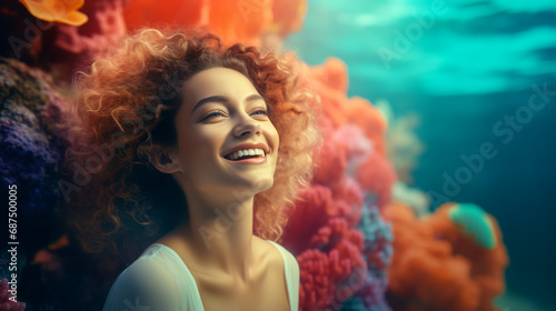 Portrait of young european fashionable female model, shot from the side, smiling, looking to the side, vibrant underwater coral reef background