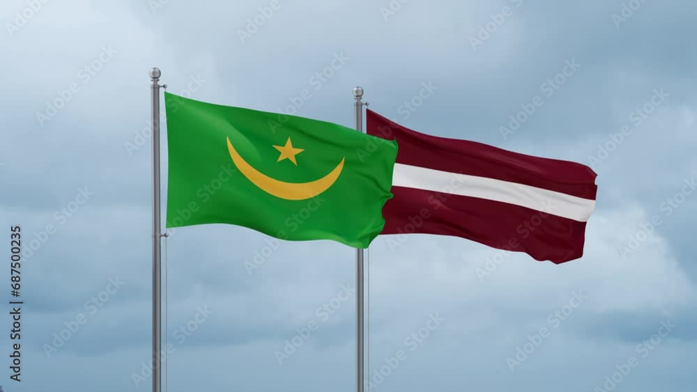 Latvia and Mauritania flag waving together on cloudy sky, endless seamless loop, two country cooperation concept Latvia and Mauritania flag waving together on cloudy sky, endless seamless loop, two country cooperation concept