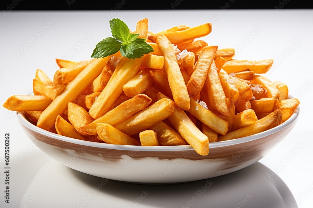 Golden Delight: Vibrant French Fries on Pristine White Background Golden Delight: Vibrant French Fries on Pristine White Background