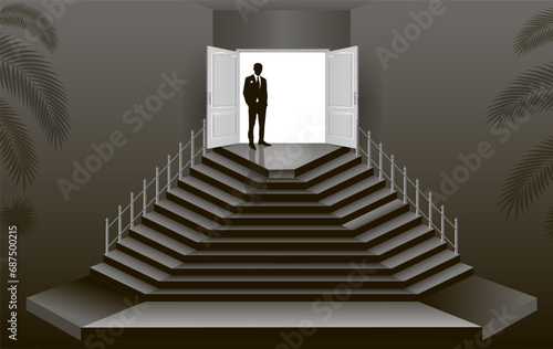 The interior of an empty dark room with an open door and the silhouette of a man in a suit. Free up space for copying the 3d image.