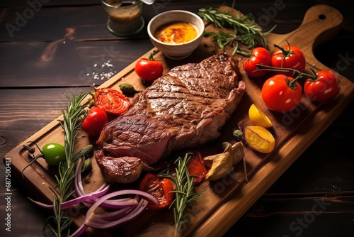 Steak with vegetables on a wooden kitchen board