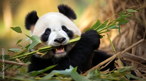 Panda is eating green bamboo background wallpaper AI generated image