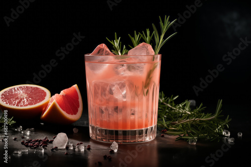 Refreshing grapefruit cocktail with ice and rosem photo
